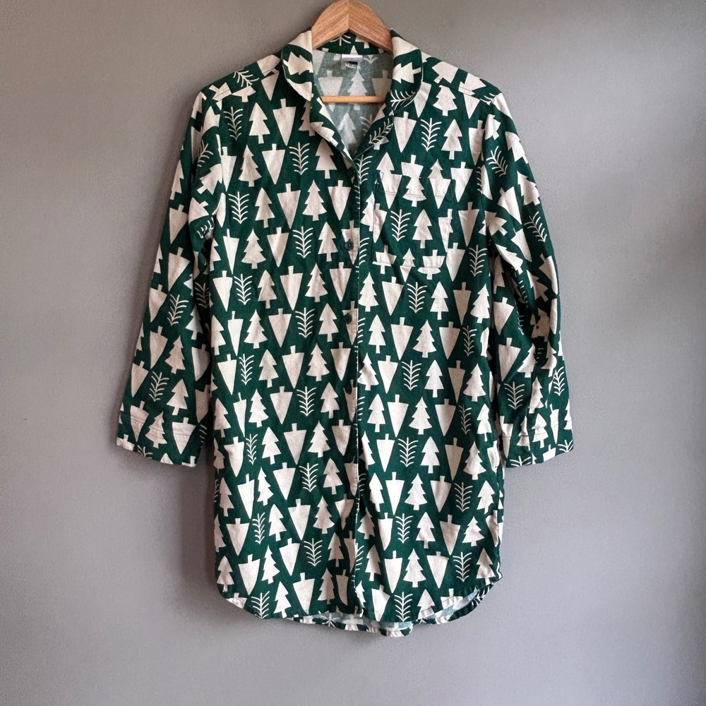 Hanna Andersson Green White Tree Flannel Nightshirt Organic Cotton XS Holiday